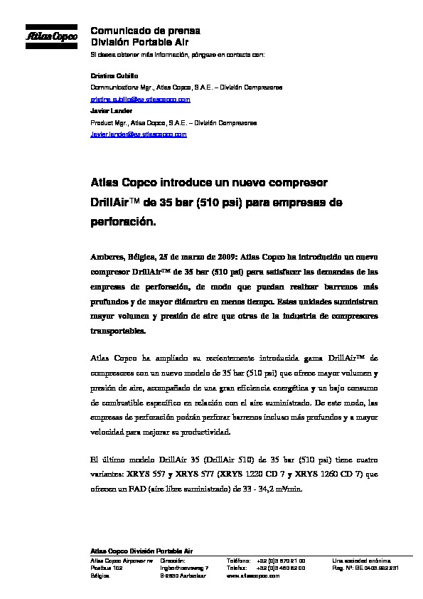 Spanish Atlas Copco introduces new 35 bar  510 psi  DrillAir ES tcm57 865446 pdf Spanish Atlas Copco introduces new 35 bar  510 psi  DrillAir ES tcm57 865446 pdf
