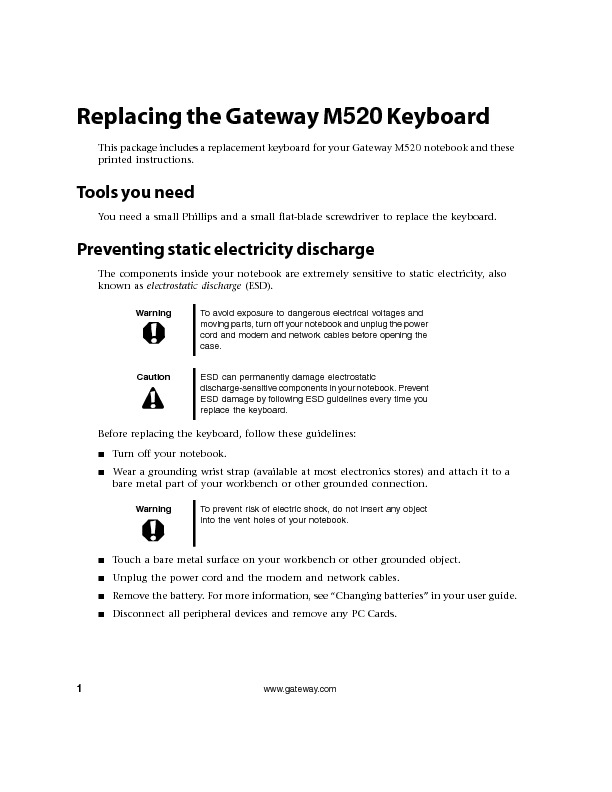 M520 REMOVE REPLACE KEYBOARD pdf Gateway