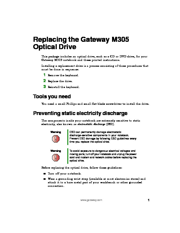 M305 REMOVE REPLACE OPTICAL DRIVE pdf Gateway