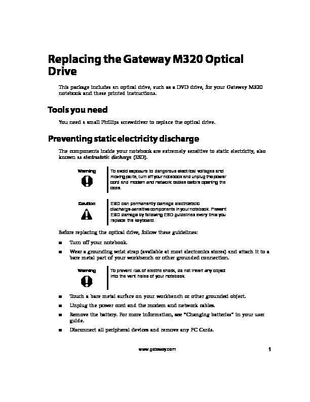 M320 REMOVE REPLACE OPTICAL DRIVE pdf Gateway