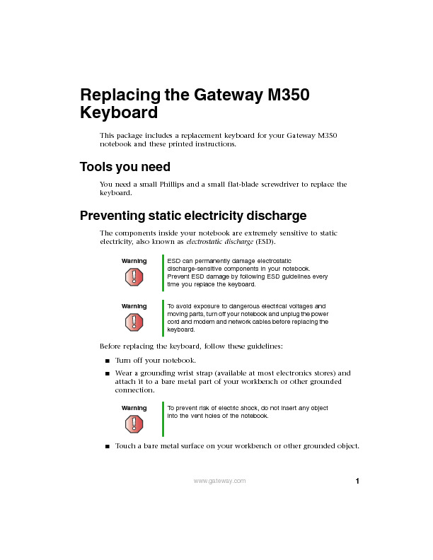 M350 REMOVE REPLACE KEYBOARD pdf Gateway Gateway M350