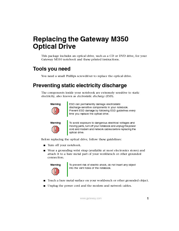 M350 REMOVE REPLACE OPTICAL DRIVE pdf Gateway Gateway M350