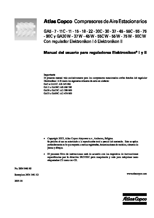 MANUAL GA45 MKIV.pdf Atlas Copco GA5 – 7 – 11C – 11 – 15 – 18 – 22 – 30C – 30 – 37 Electronikon I y II