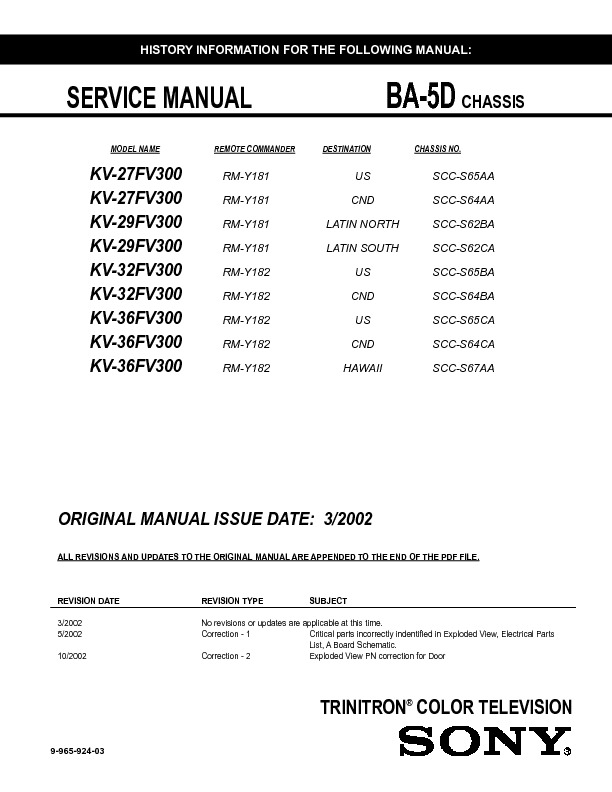 Sony Tv KV 27FV300 KV 29FV300 KV 32FV300 KV 36FV300 BA 5D BA5D service manual PDF Sony Tv KV 27FV300 KV 29FV300 KV 32FV300 KV 36FV300 BA 5D BA5D service manual PDF