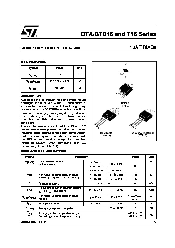 TRIAC BTA16 600B pdf TRIAC BTA16 600B pdf