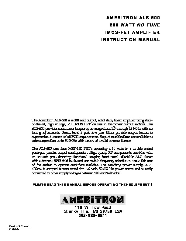 Ameritron als600 RF amplifier pdf Ameritron als600 RF amplifier pdf